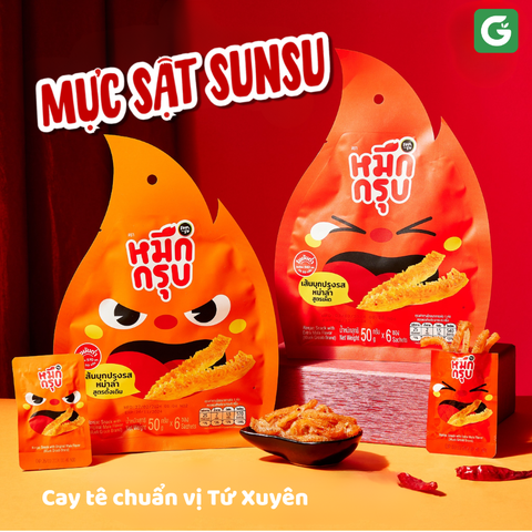 [Combo 2 vị] Mực Sật Thái Lan - Snack Konjac SunSu - Cay tê, Giòn Sật - Bịch 6 gói 50g
