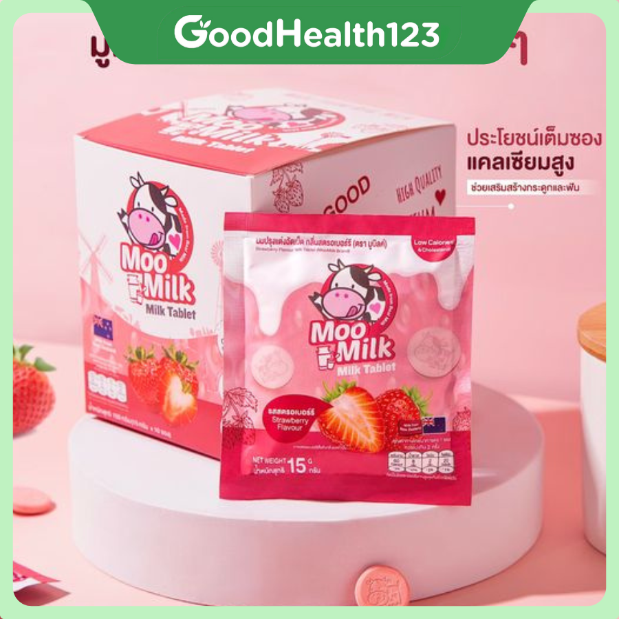 [Hộp 10 gói Dâu] Kẹo Sữa Bò Moo Milk – Bổ Dưỡng Từ Sữa New Zealand, Thơm Ngon Khó Cưỡng [Hàng Thái Lan]