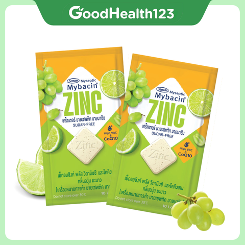 [2 gói chanh và nho đen] Kẹo Mybacin Zinc Plus - Vị Trái Cây The Mát Không Đường - Gói 10 Viên - Hàng Thái Lan