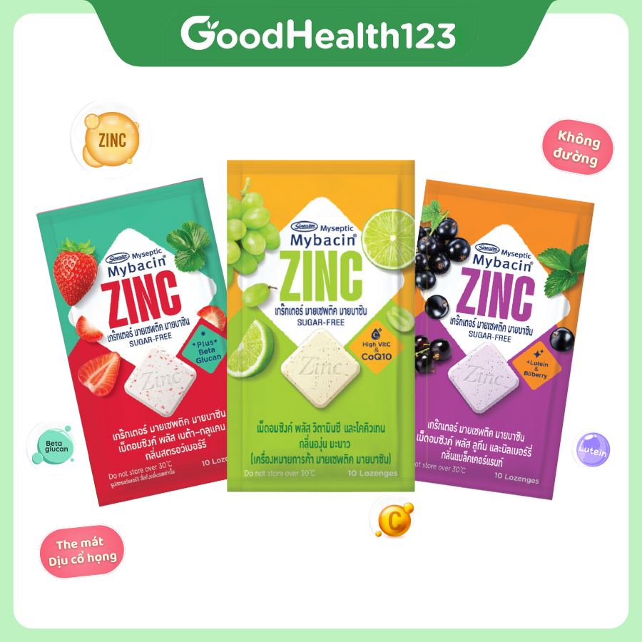 [3 gói dâu] Kẹo Mybacin ZinC Plus - Vị trái Cây The Mát Không Đường - Hàng Thái Lan