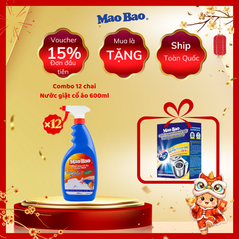  [1 Thùng] Combo 12 Chai Nước Giặt Cổ Áo Mao Bao 600ml, Làm Sạch Dịu Nhẹ Với Sợi Vải Và Da Tay 