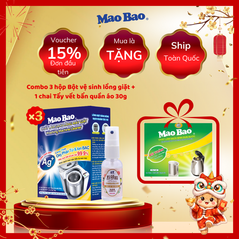  Combo 3 Hộp Bột Tẩy Vệ Sinh Lồng Máy Giặt Mao Bao 306g Tặng Kèm 1 Chai Tẩy Vết Bẩn Quần Áo 30g 