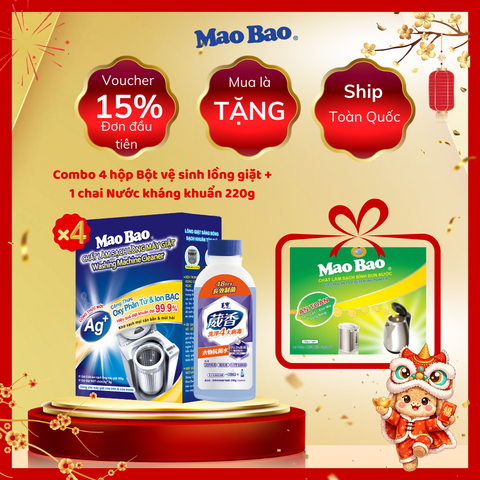  Combo 4 Hộp Chất Vệ Sinh Lồng Máy Giặt 306g, Tặng 1 Chai Nước Kháng Khuẩn Quần Áo Mao Bao 220g 