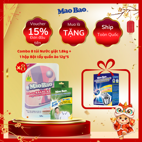  Combo 8 Túi nước giặt kháng khuẩn Mao Bao 1800g + 1 hộp bột tẩy quần áo 12g x5 