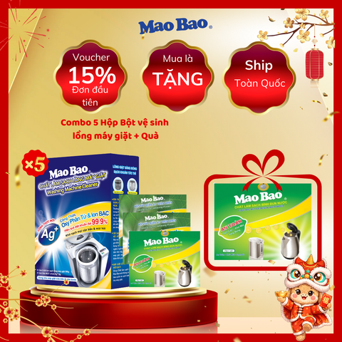  Combo 5 Hộp Bột Vệ Sinh Lồng Máy Giặt Mao Bao 306g/ Hộp, Dùng Cho Máy Cửa Trên Và Cửa Trước + Tặng 01 túi bột tẩy bình đun 25g + 02 túi bột tẩy quần áo thiên nhiên 12g 