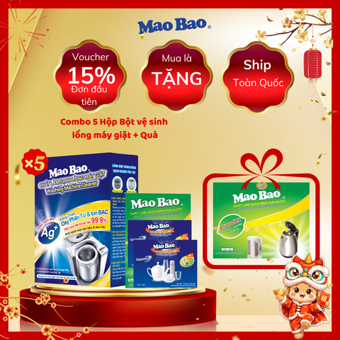  Combo: 5 Hộp bột vệ sinh làm sạch lồng giặt Mao Bao Ag+ 306g  - Tặng 01 hộp bột tẩy bình đun 25g*1 + 2 túi bột tẩy cốc chén 15g 
