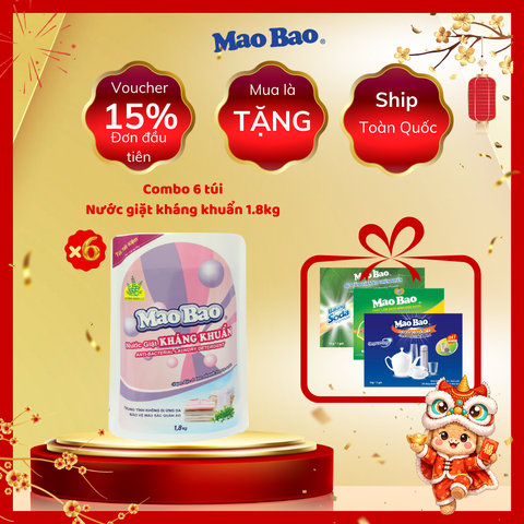  [1 Thùng] Combo 6 Túi Nước Giặt Kháng Khuẩn Mao Bao 1.8kg (Tổng 10.8kg) Hương Hoa Bách Lý Sạch Sâu Khử Mùi, Dễ Giặt Xả 
