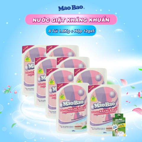  Combo 8 Túi nước giặt kháng khuẩn Mao Bao 1800g + 1 hộp bột tẩy quần áo 12g x5 