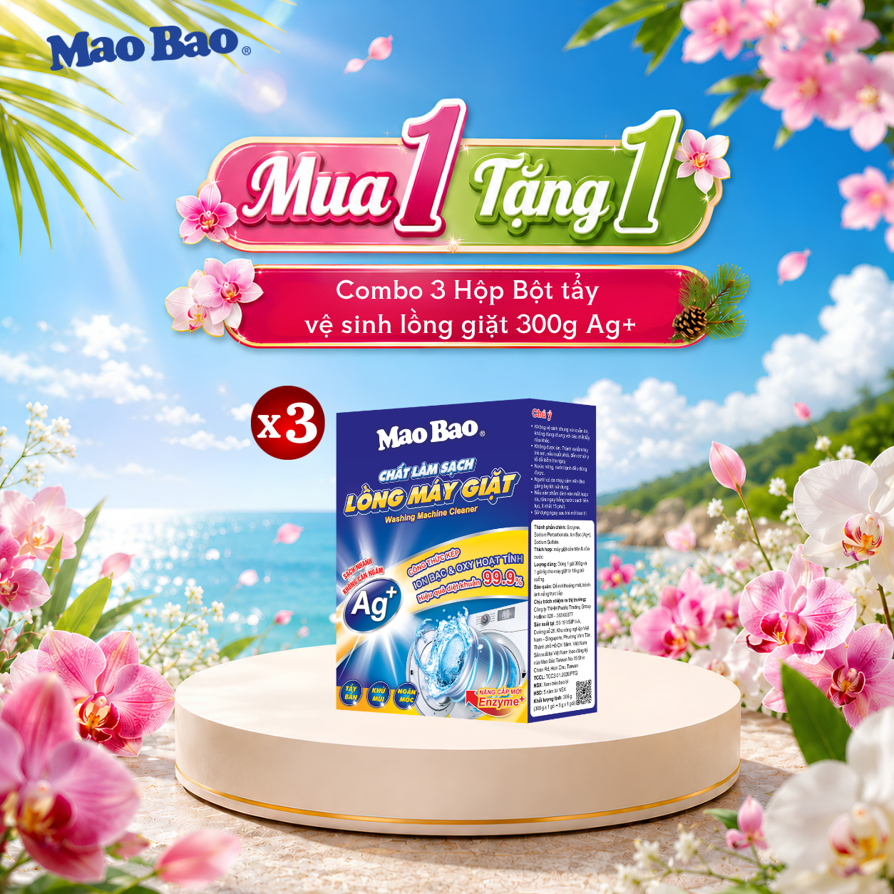  [Mua 1 tặng 1] Combo 3 Hộp Chất Vệ Sinh lồng máy giặt Mao Bao Ag+ 306g - Loại Bỏ Cặn Bẩn, Khử Mùi Cho Máy Giặt Cửa Trên/Trước 