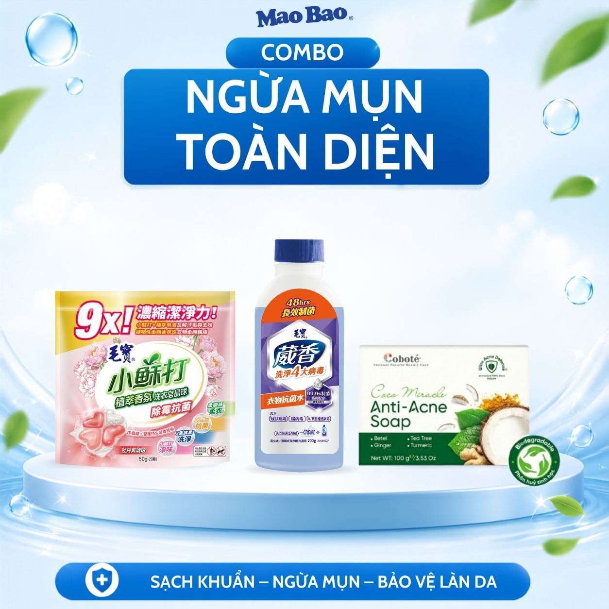  Combo Viên Giặt Xả Hương Mẫu Đơn Mao Bao 50g + Nước Kháng Khuẩn Quần Áo Mao Bao 220g+ Viên Xà Phòng Ngừa Mụn Coboté 100g 