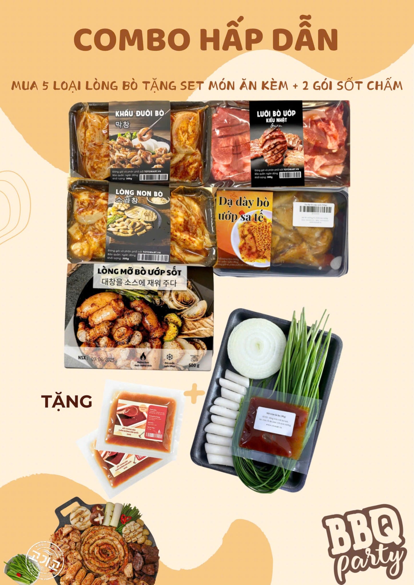 Combo 5 loại Lòng bò nướng, Tặng 1 Set ăn kèm + 2 gói sốt chấm