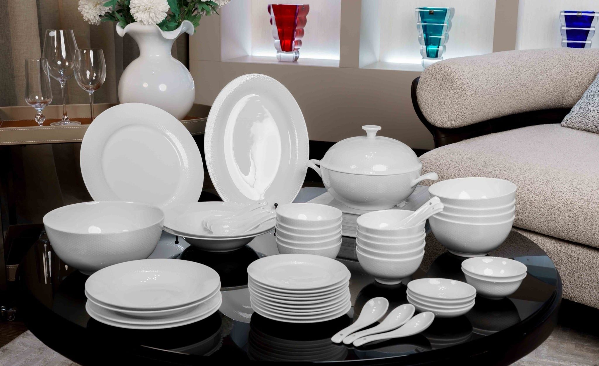  Bộ đồ ăn trắng vân vuông 50 sản phẩm 