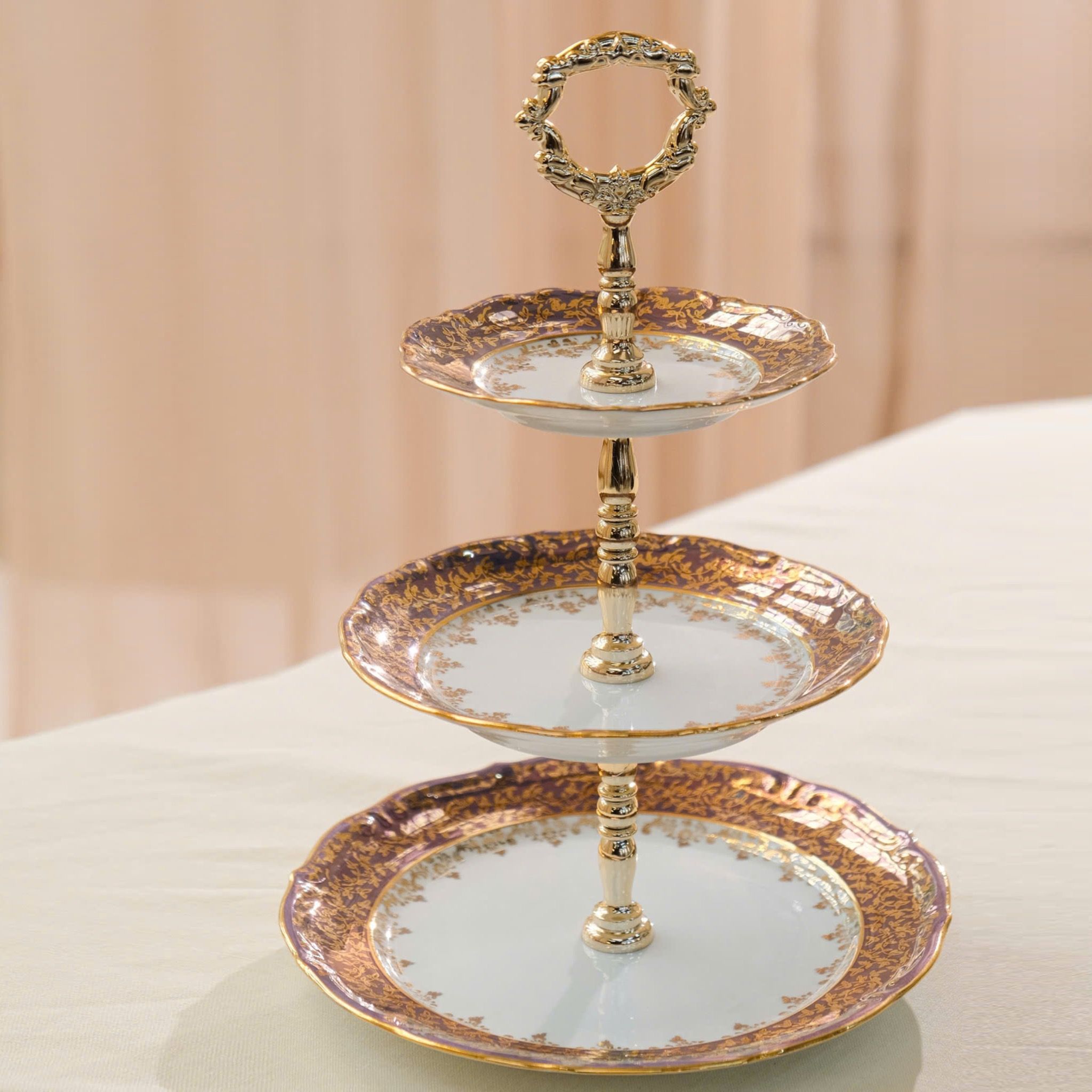  Đĩa 3 tầng sứ Tiệp dây vàng xanh tím 