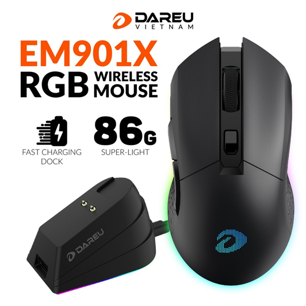 Chuột Không Dây DareU EM901X RGB Superlight Black