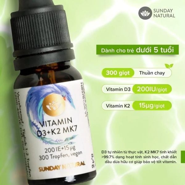 Vitamin D3K2 MK7 Sunday Natural Dạng Giọt 0-4 Tuổi - Hỗ Trợ Xương Răng, Miễn Dịch - Chính Hãng Đức.