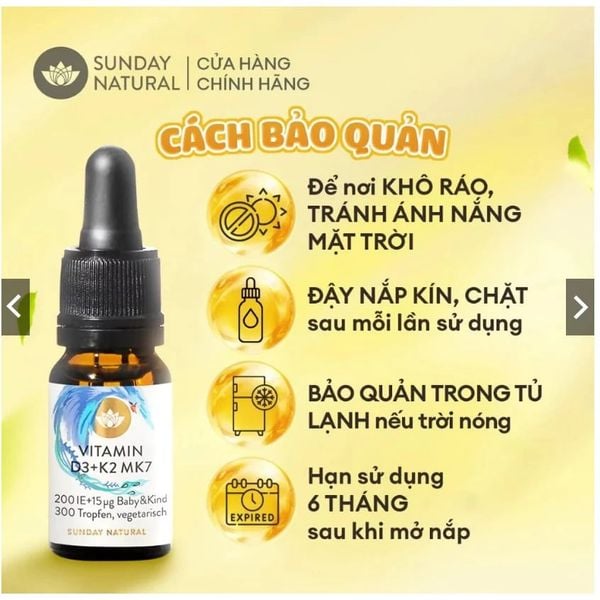 Vitamin D3K2 MK7 Sunday Natural Dạng Giọt 0-4 Tuổi - Hỗ Trợ Xương Răng, Miễn Dịch - Chính Hãng Đức.