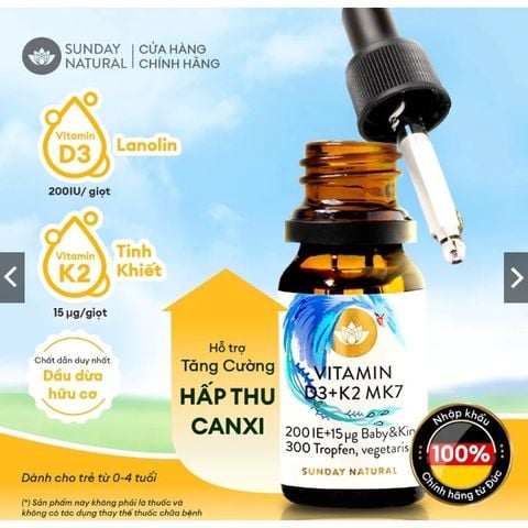 Vitamin D3K2 MK7 Sunday Natural Dạng Giọt 0-4 Tuổi - Hỗ Trợ Xương Răng, Miễn Dịch - Chính Hãng Đức.