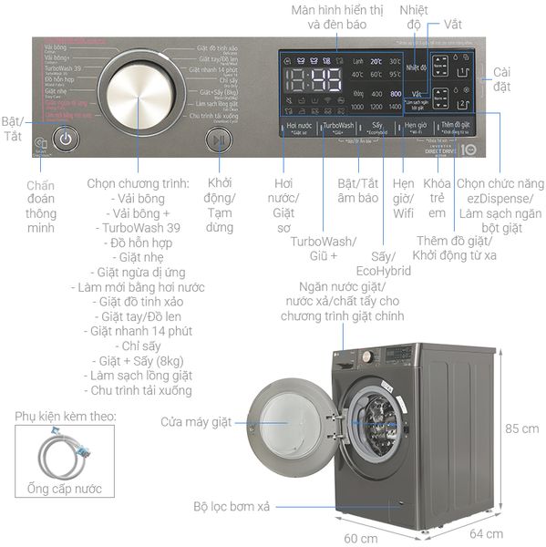 Máy giặt sấy LG AI DD Inverter giặt 14 kg - sấy 8 kg FV1414H3BA