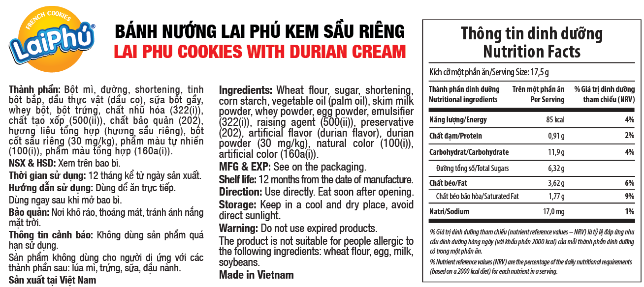 Bánh Nướng Lai Phú Kem Sầu Riêng 1,015Kg