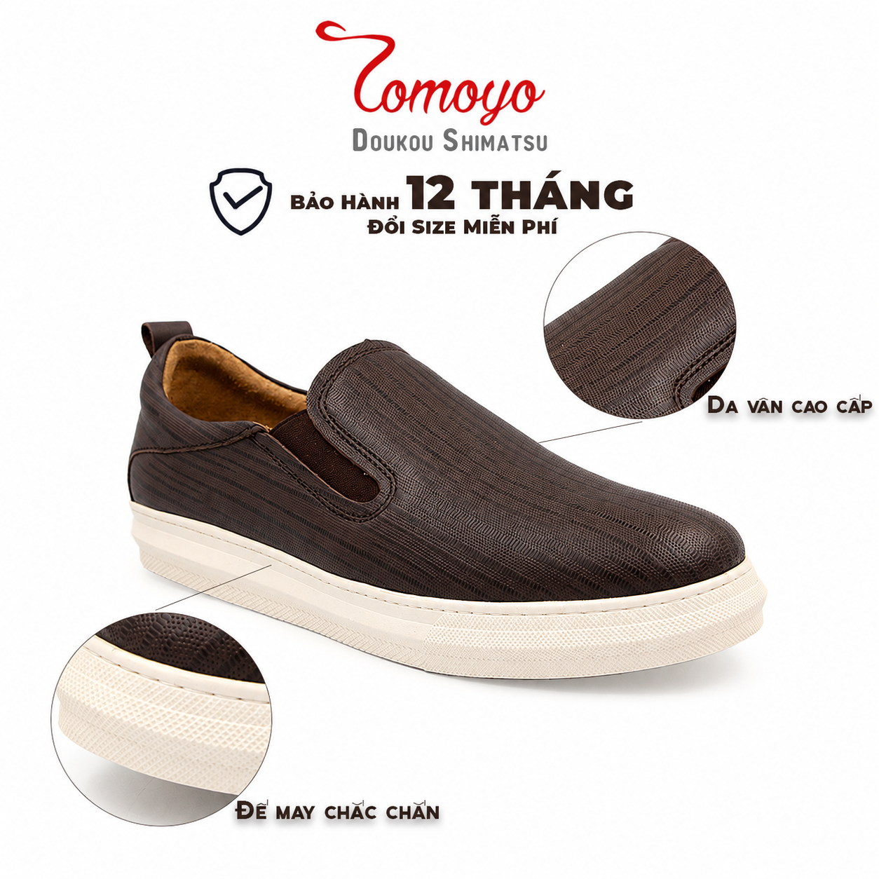  Giày Sneaker Slip-On TOMOYO – Nâu Đế Trắng - Đi Làm – Đi Chơi TMN51102 - Da 2 lớp 