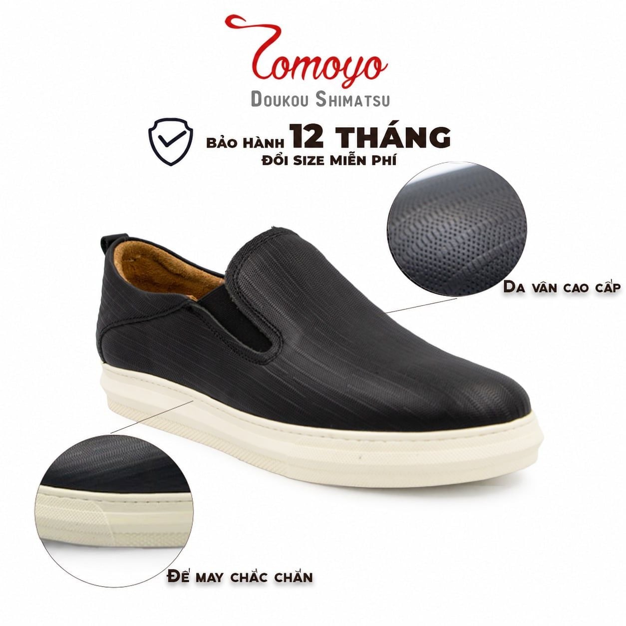  Giày Sneaker Slip-On TOMOYO – Đen Đế Trắng - Đi Làm – Đi Chơi TMN51101 - Da 2 lớp 