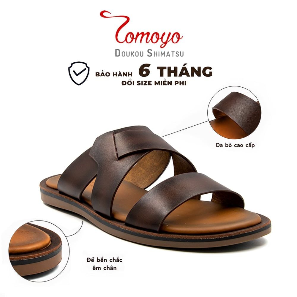  Dép Nam Da Bò Thật Tomoyo TMD10402 | Da Bò Cao Cấp, Êm Chân 