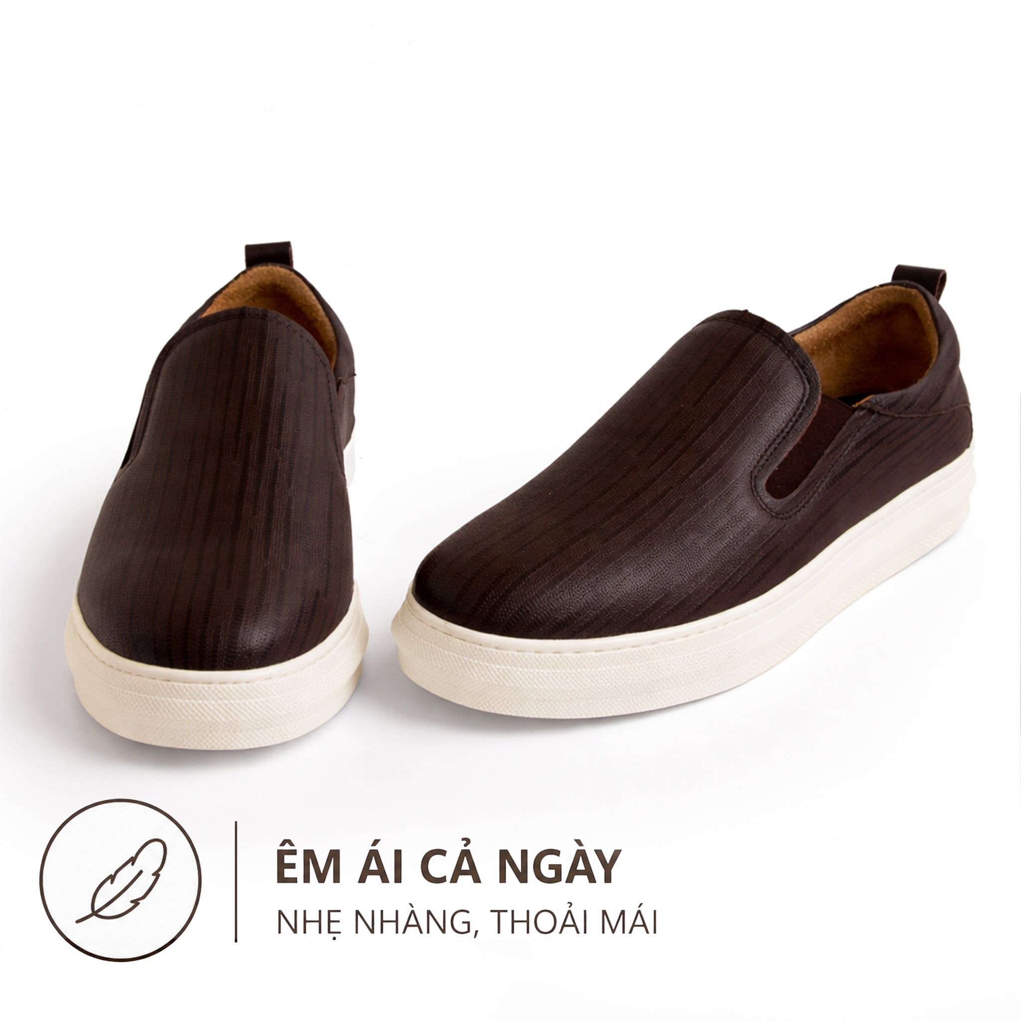  Giày Sneaker Slip-On TOMOYO – Nâu Đế Trắng - Đi Làm – Đi Chơi TMN51102 - Da 2 lớp 