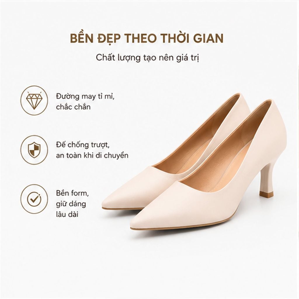  Giày Cao Gót Nữ Mũi Nhọn 7cm Da Microfiber TOMOYO TMW70309 - Kem 