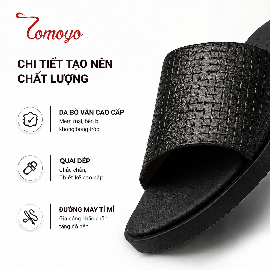  Dép Quai Ngang Nam Da Bò Vân Đan Đế Cao Su TOMOYO TMD12001 - Đen 