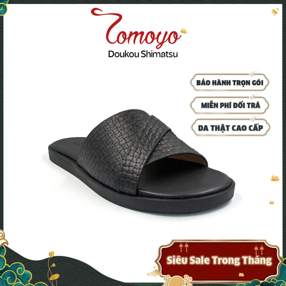  Dép Quai Ngang Nam Da Bò Vân Đan Đế Cao Su Chống Trượt TOMOYO TMD12101 - Đen 