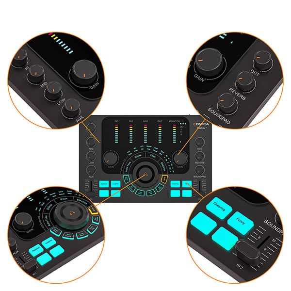 Cận cảnh núm chỉnh gain, reverb và soundpad của Comica ADCaster C2