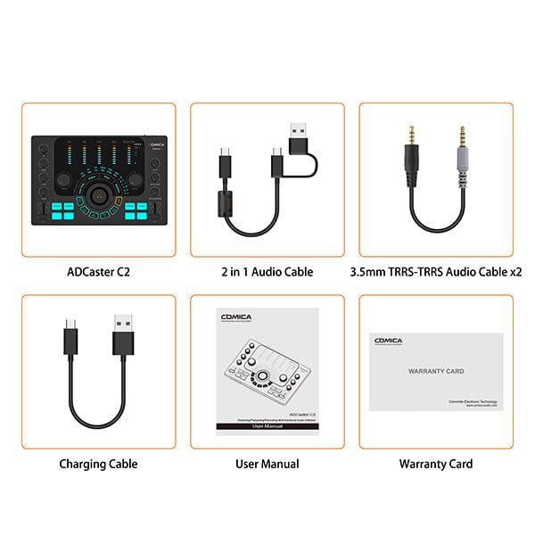 Trọn bộ phụ kiện trong hộp soundcard Comica ADCaster C2