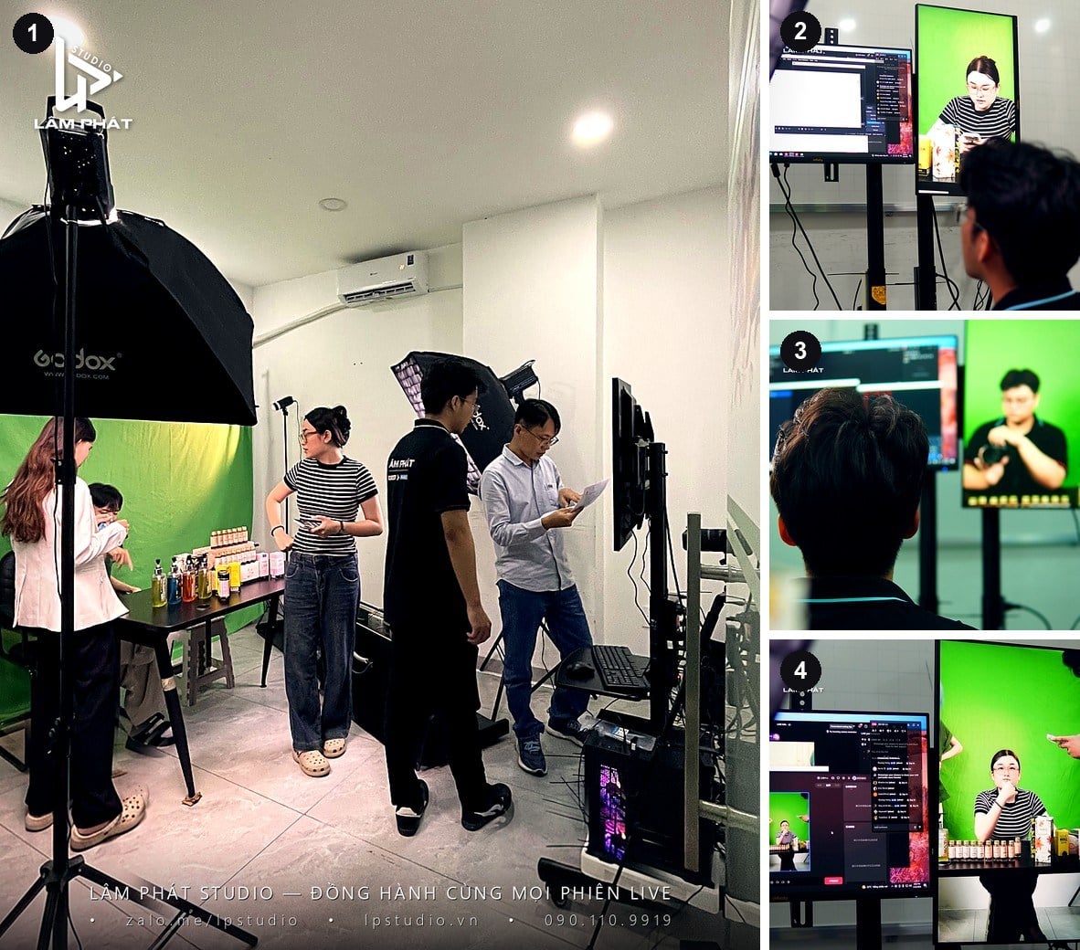 Dự án live studio thật với máy ảnh, phông xanh và màn hình chạy phần mềm live - Lâm Phát Studio