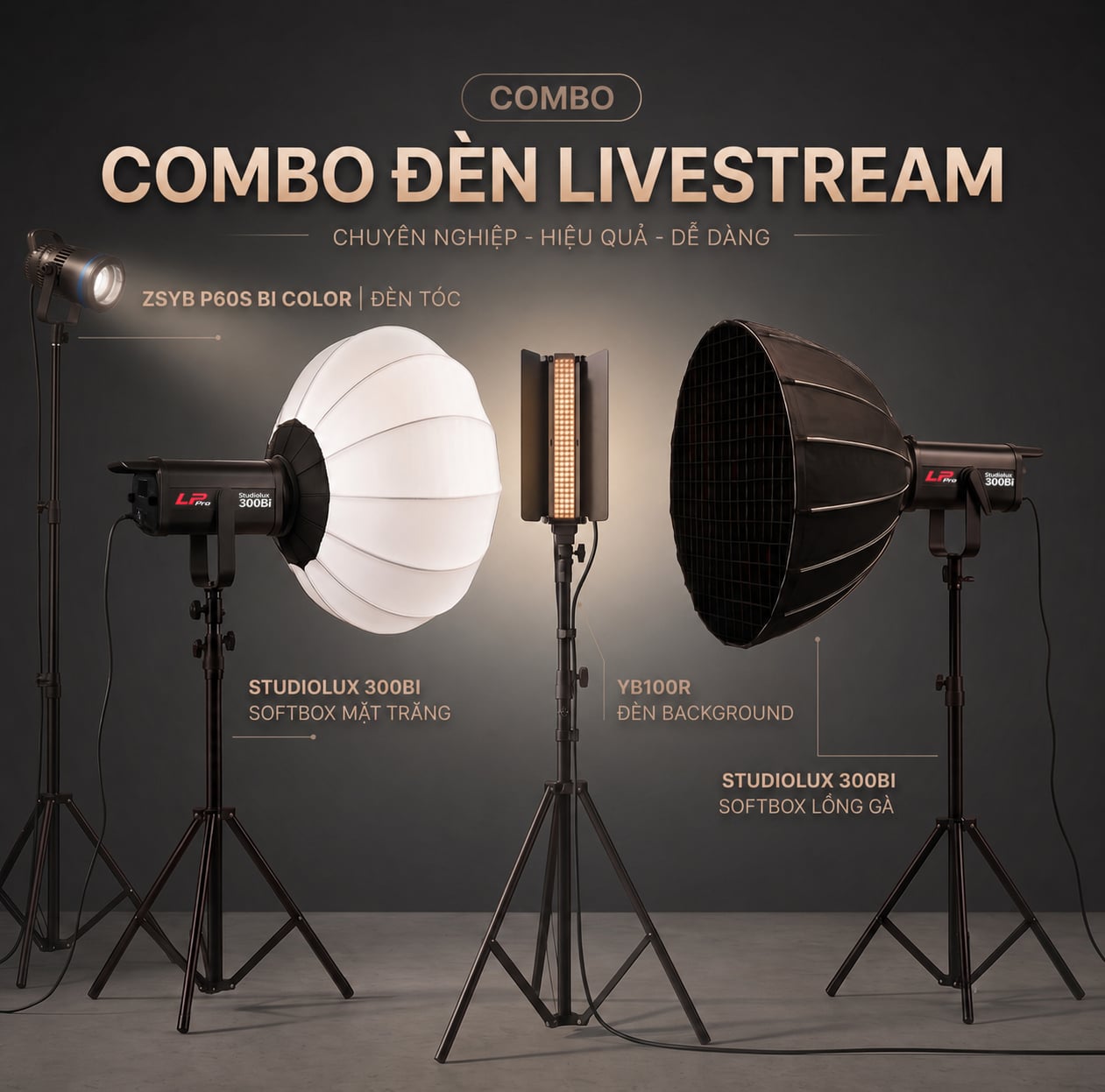 Combo đèn livestream gồm đèn tóc, softbox mặt trăng, đèn background và softbox lồng gà