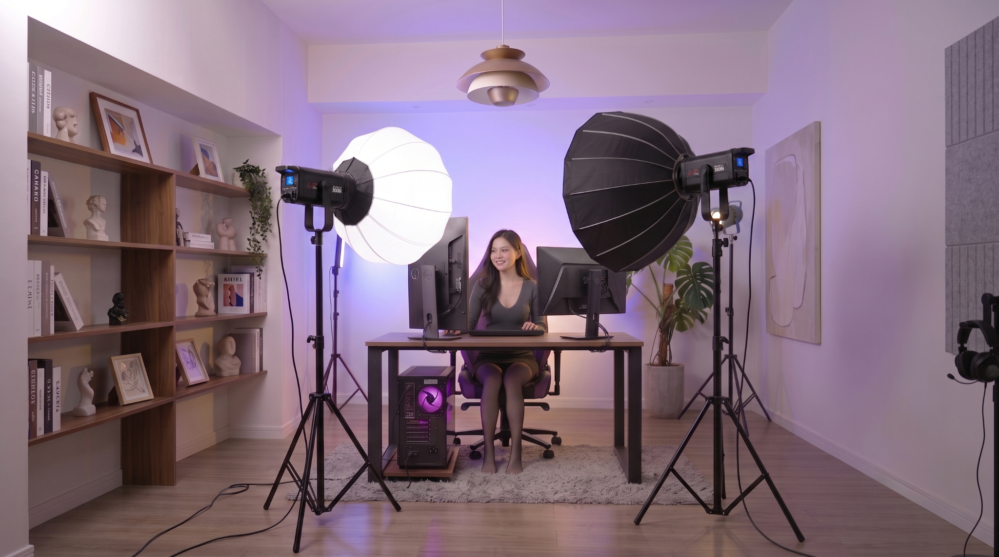 Phòng livestream bán hàng setup 2 đèn studio softbox và đèn phông nền