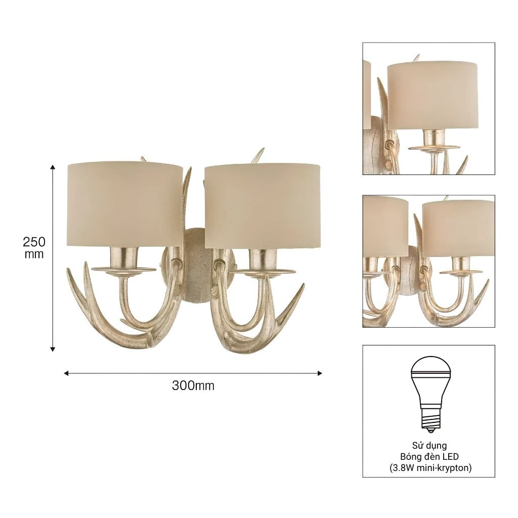  Đèn tường chao vải Laura Ashley 2 bóng GBK032-2 cao cấp chuẩn Anh Quốc 