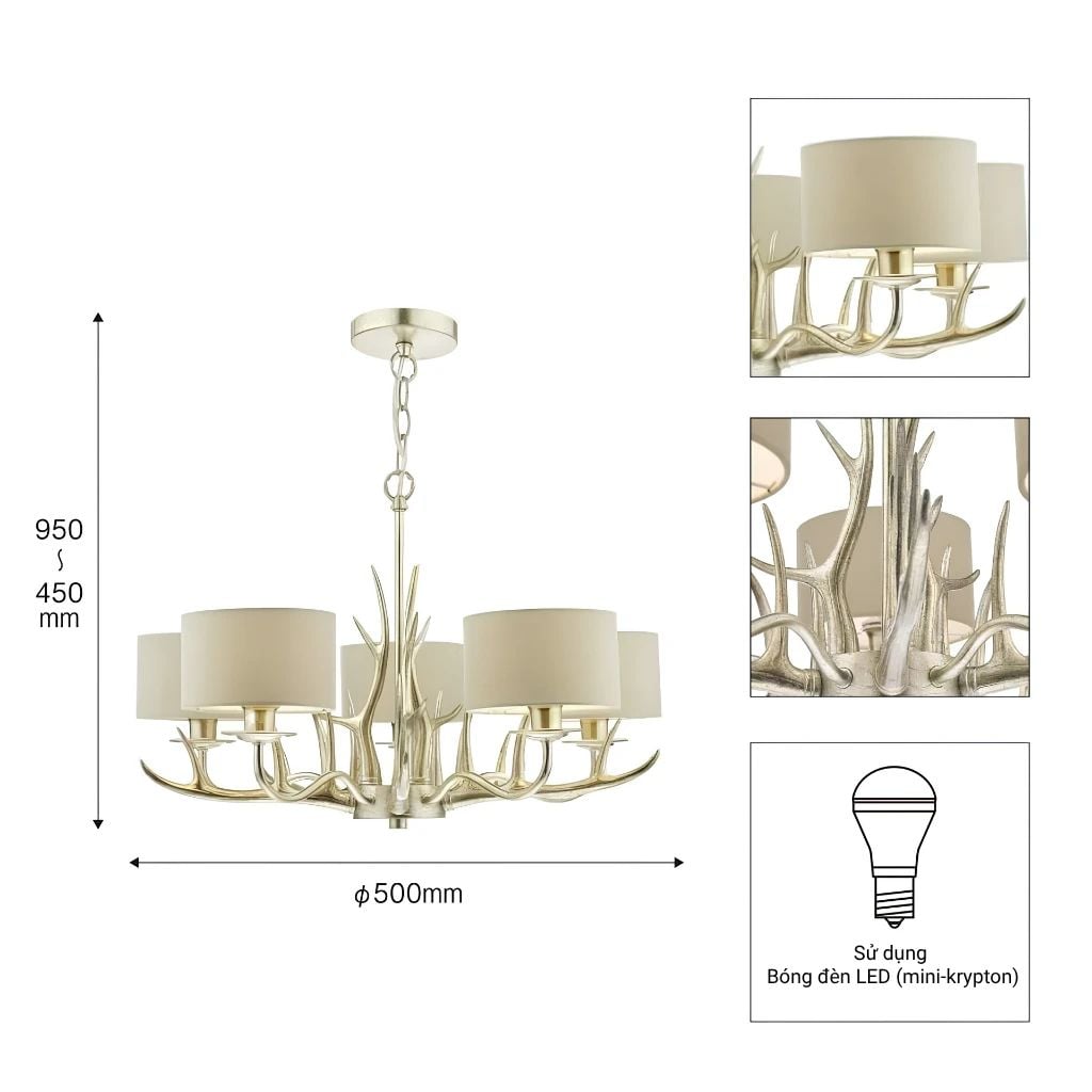  Đèn chùm chao vải Laura Ashley 5 bóng GCH007-5 cao cấp chuẩn Anh Quốc 