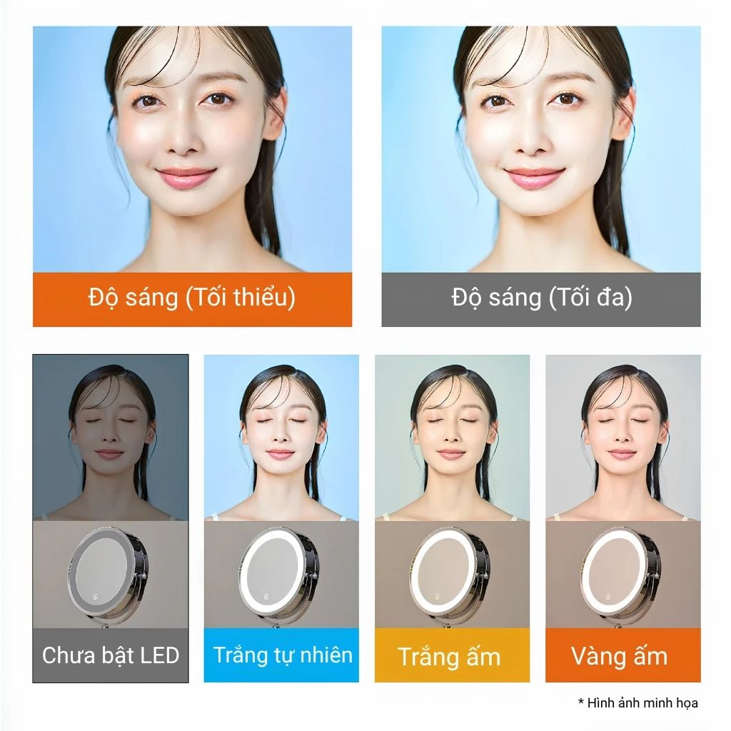  Gương LED Trang Điểm Để Bàn MotoM GST015 (Không Dây) – Đổi 3 Màu Ánh Sáng & Phóng Đại 3 Lần Chuẩn Nhật Bản 