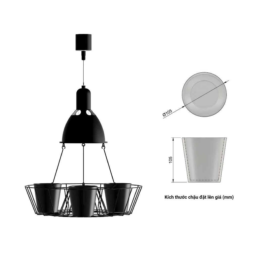  Đèn Thả Trồng Cây Green Lighting MotoM MPN069B (Màu Đen) – Tích Hợp 3 Chậu Cây, Đui E26 Tùy Chọn LED 