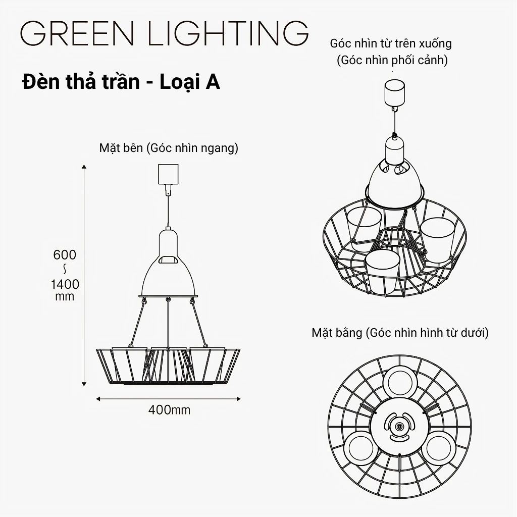  Đèn Thả Trồng Cây Green Lighting MotoM MPN069B (Màu Đen) – Tích Hợp 3 Chậu Cây, Đui E26 Tùy Chọn LED 