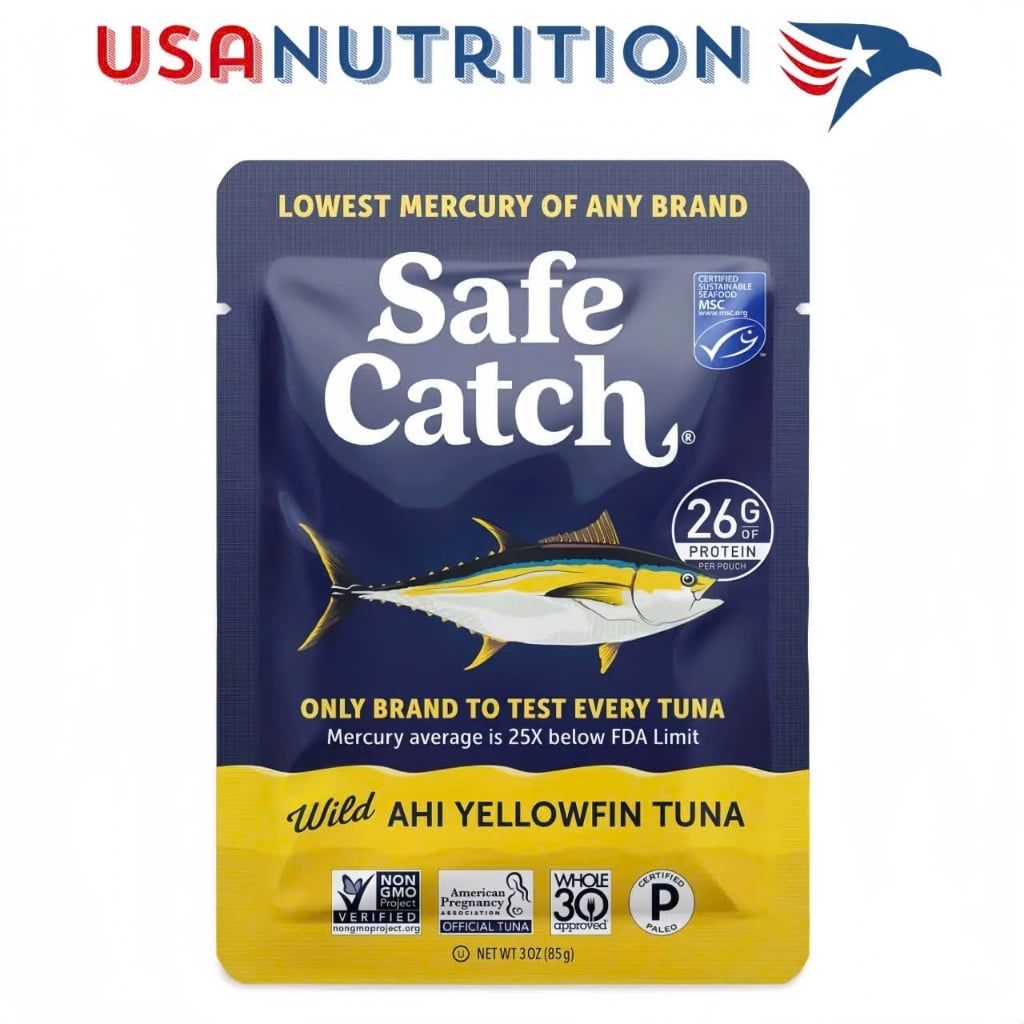 Cá ngừ vây vàng thủy ngân thấp Wild Ahi Yellowfin Tuna: Safe Catch 1 gói lẻ 85g