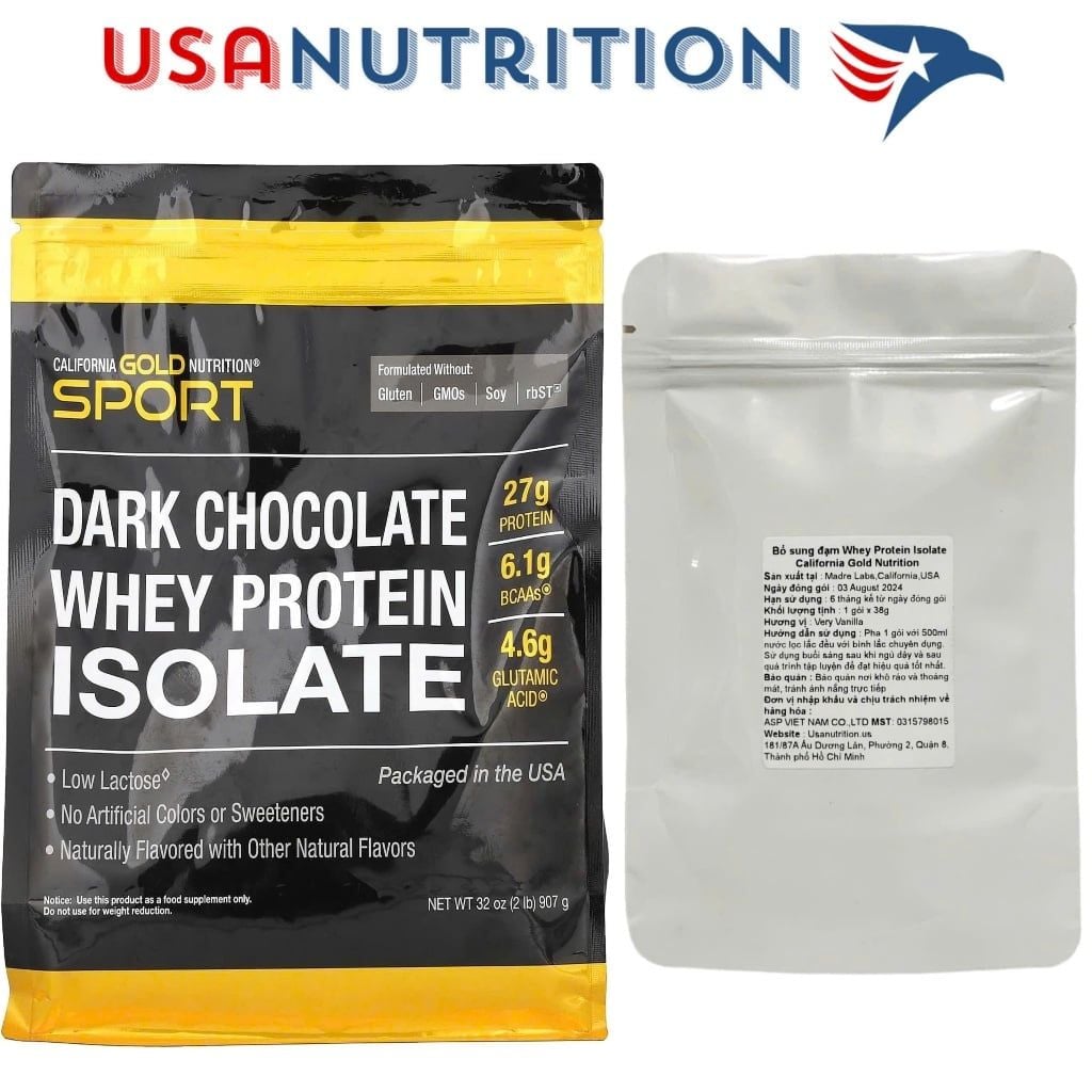 Whey Protein Isolate 100% không chất tạo ngọt nhân tạo  California Gold Nutrition :  gói chiết