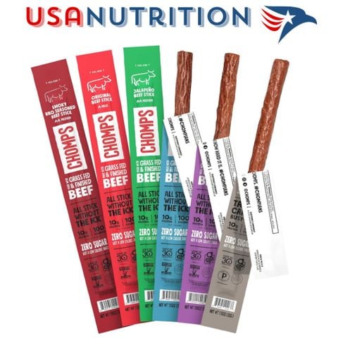  Khô bò que không đường Beef Jerky Snack Sticks 10g protein Chomps : 1 thanh lẻ đủ vị 