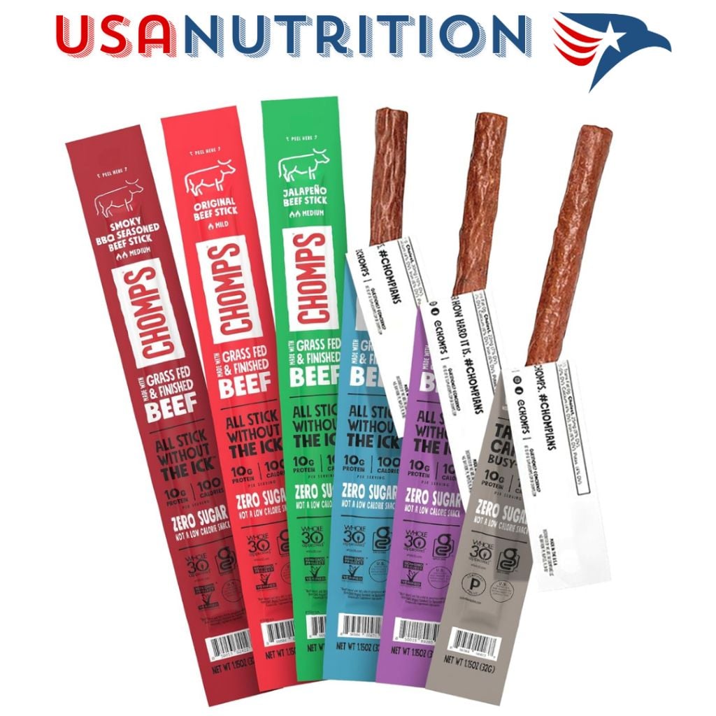 Khô bò que không đường Beef Jerky Snack Sticks 10g protein Chomps : 1 thanh lẻ đủ vị