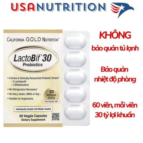  Men vi sinh 30 tỷ lợi khuẩn không cần bảo quản tủ lạnh: Probiotics California Gold Nutrition Lactobif : Hộp 60 viên 