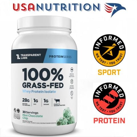  Whey protein số 1 thế giới 100% Grass-Fed Isolate chứng nhận no amino-spiking: Transparent Labs 
