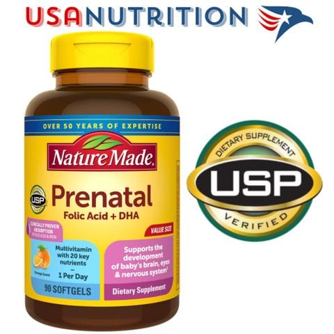  [CÓ HÓA ĐƠN] Prenatal Multivitamin Folic Acid + DHA Nature Made 90 viên : Vitamin tổng hợp dành cho mẹ bầu 