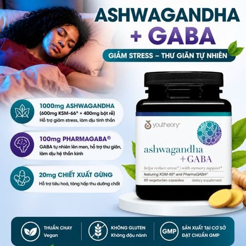  [CHÍNH HÃNG WEB] 1000mg KSM-66 Ashwagandha + 100mg GABA & Ginger 60 viên : Youtheory 