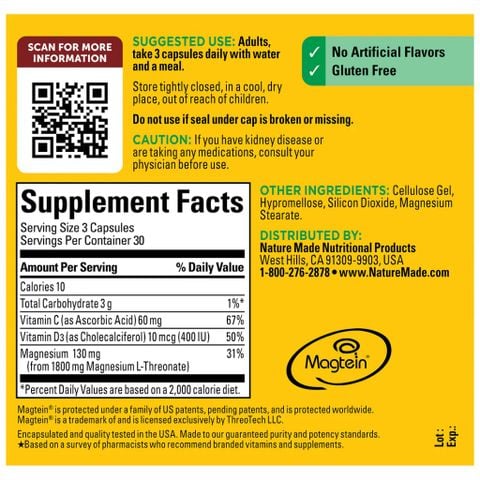 Magtein Magnesium L-Threonate + Vitamin C&D: Nature Made 90 viên 
