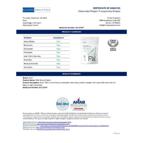  Grass Fed Whey Protein chứng nhận Clean Label Project 2lb 30 lần dùng : Puori PW1 